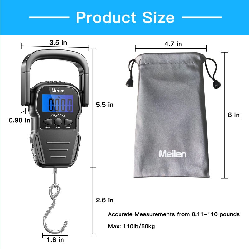 Meilen Luggage Scale, 110lb/50kg Luggage Weight Scale with Backlit LCD Display, Digital Fish Scale with Measuring Tape Portable Hanging Scale Suitcase Scale with Handle & Large Hook & 2 AAA Batties - Image 5